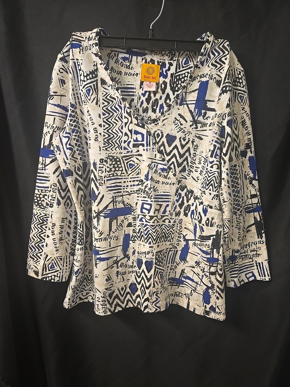 Ruby Rd Abstract Geometric Print Embellished V Neck Top Small